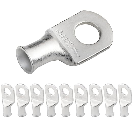SELTERM 10pcs 4 AWG-3/8" Stud (X - Wide Pad) Tinned Copper Wire Lugs, Heavy Duty Battery Cable Ends,4 Guage Ring Terminals, UL Battery Lugs Marine Grade Copper Eyelets Battery Terminal Connectors