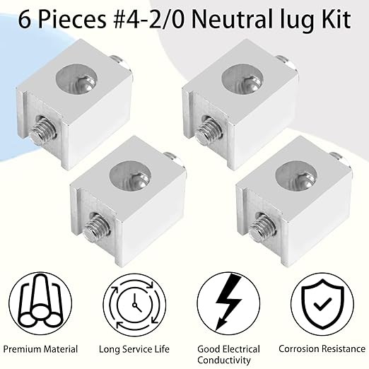6 Pack #4–2/0 Aluminum Ground Lugs, Neutral Lug Kit for Circuit Breaker Panels, Tin-Plated Electrical Grounding Lugs with Screws