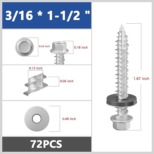 # 3/16 * 1-1/2 "72PCS 1lbs Gray hex Metal Sheet roof Screws, with Anti Rust Coating, # 10 * 1-1/2, with EPDM Washer and hex self Tapping, Used for Metal to Wood, Corrugated Roofs. 5 * 38mm