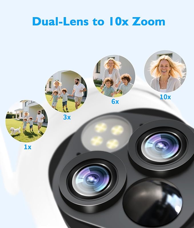 Dual-Lens Solar Security Cameras Wireless Outdoor, 10x Zoom to See Further 360 PTZ WiFi Camera for Home Security with Color Night Vision, AI Body Detection, 2-Way Audio, Spotlight Siren Alarm