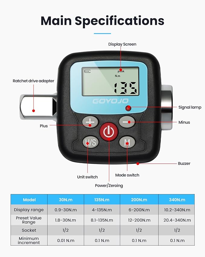 GOYOJO Precision Torque Wrench Adapter, 0.9-30Nm (0.66-22 ft-lb) Electronic Torque Converter with Digital Display, 1/2", 1/4", 3/8" Adapters for Bicycles, Small Appliances, and DIY Repairs