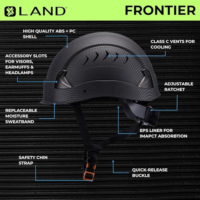 Land Helmets Frontier Type 2 Class C Vented Safety Helmet - ANSI/ISEA Z89.1 Type II OSHA Compliant Hard Hat. Used in Construction, Arbor, and Industrial Work.