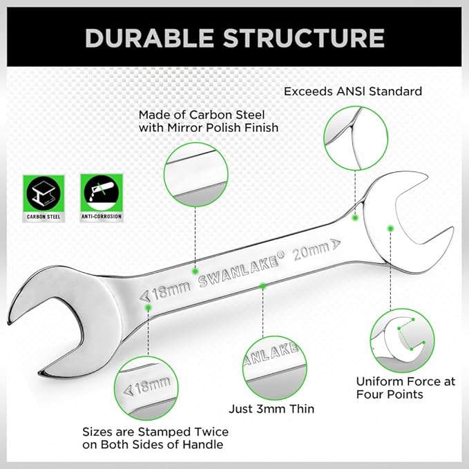 SWANLAKE 10-Piece Metric Super-Thin Open End Wrench Set, Carbon Steel, 5.5, 7, 8, 9, 10, 11, 12, 13, 14, 15, 16, 17, 18, 19, 20, 21, 22, 23, 24, 27mm, Slim Spanner Set with Rolling Pouch