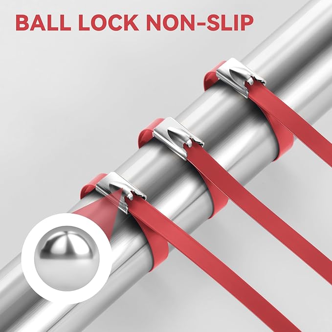 Red Metal Zip Ties Heavy Duty 11.8 inch for Outdoor Use, Stainless Steel Epoxy Coated Cable Chain Link Fence Zip Ties, Durable Metal Wire Ties Strap UV Resistant