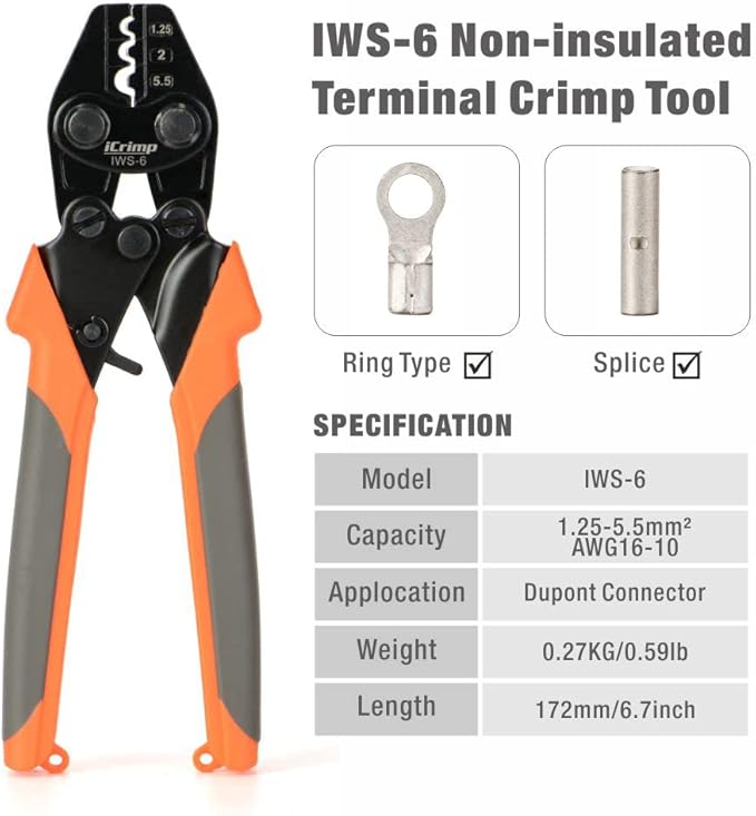 iCrimp Non-insulated Terminal Crimping Tool for AWG 16 to AWG 10 Non-Insulated Terminals and Butt/Spice/Open/Plug Connectors for Auto Electrical,Marine,Motorcycle Wiring Repairs,Loom Assembly