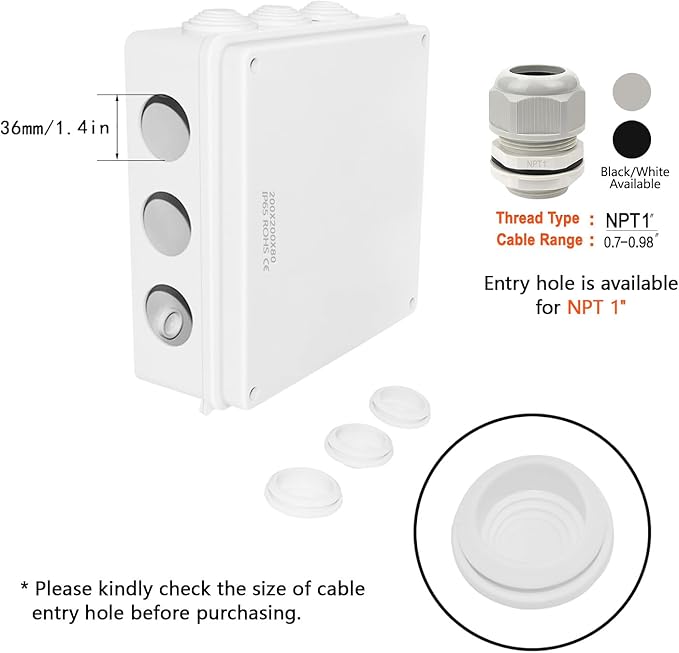 LeMotech ABS Plastic Dustproof Waterproof IP65 Junction Box Universal Electrical Project Enclosure White 7.9 x 7.9 x 3.1 inch (200 x 200 x 80 mm)