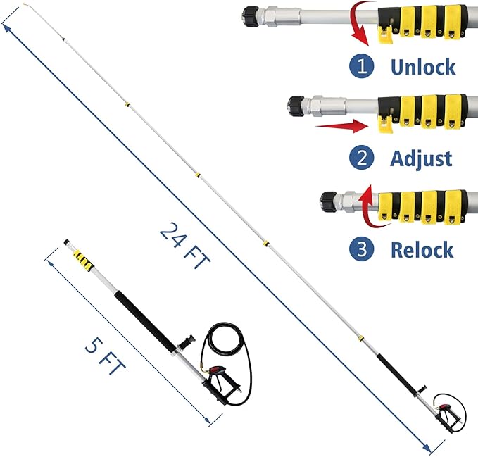 janz 24 FT, Aluminum Telescoping Pressure Washer Wand with 2 Pressure Washer Extension Wands,Gutter Cleaner Attachment, 7 Spray Nozzle Tips, 2 Hose Inlet Adapters, Pivoting Coupler and Support Harness