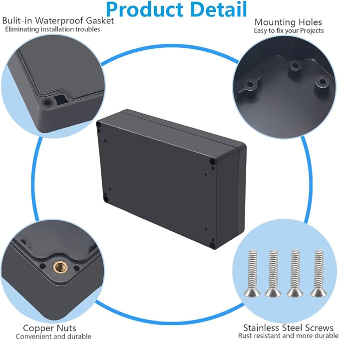 Project Box ABS Black Electrical Boxes IP67 Outdoor Waterproof box Electronic Junction Box Power Enclosure with Cable Glands for DIY Project 7.9 x 4.7 x 2.2 inch (200x120x56mm)