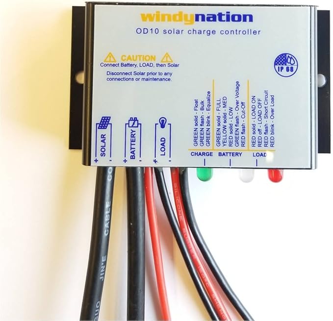 WindyNation Waterproof 10A 12V Solar Charge Controller w/ LED Charging and Load Indicators