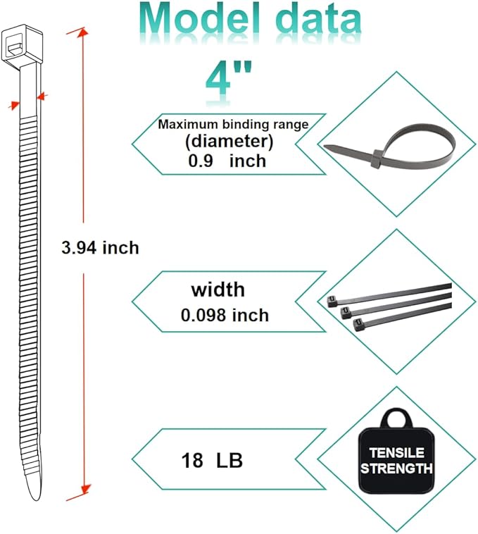 Zip Ties, Cable Ties, 1000Pcs 4Inch 18Lb Tensile Strength Black Premium Self-Locking Nylon Zip Ties For Home Office, Garden, Workshop Fences