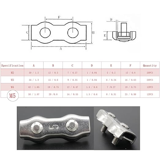 12pcs M5 Stainless Steel Duplex Wire Rope Clip Cable Clamp, Double Bolt Wire Cable Clamps, 2-Post Wire Rope Clip for 3/16 Inch Diameter Wire Cable