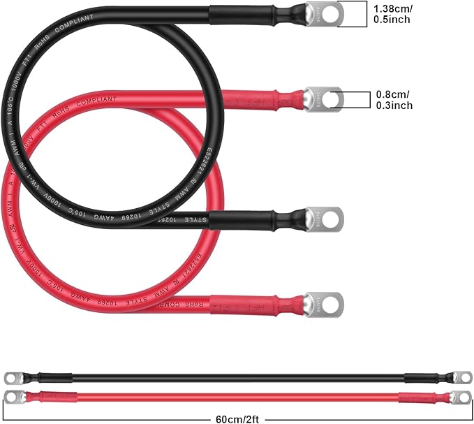 Battery Cable - iGreely 4 AWG 4 Gauge Wire Made with OFC Copper PV Wire Battery Power Inverter Cables with 5/16" Lugs Terminals for Solar Panel Automotive Motorcycle RV Marine 2ft/60cm