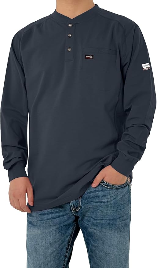 FR Shirts for Men 6oz Lightweight Stretch Work Shirt Flame Resistant Long Sleeve Henley Shirt CAT2