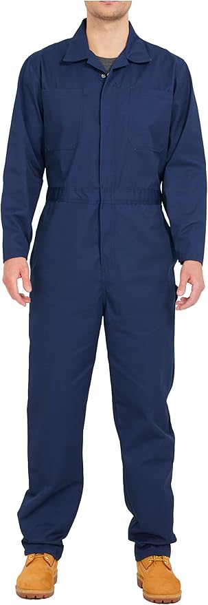 Ubon Long Sleeve Coveralls for Men, Zip Front Cotton Twill Work Coverall, Action Back Jumpsuit with Pockets