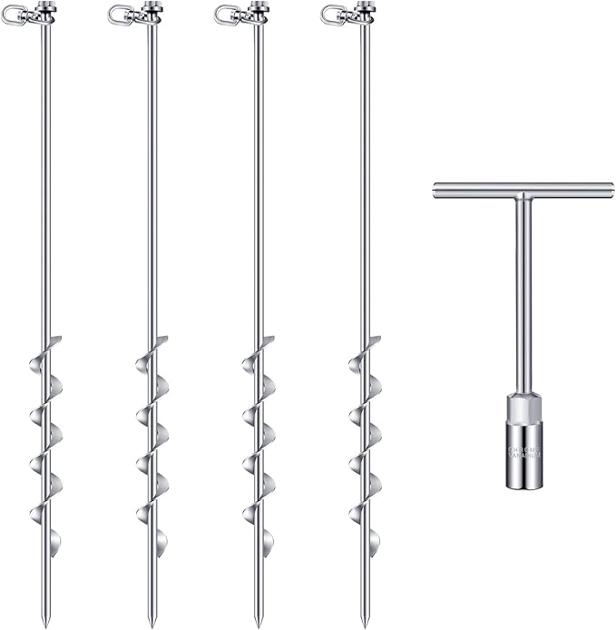 Hiboom 4 Pcs Ground Anchors with T Handle Hex Wrench Trampoline Hook, Ground Anchor Screw in Kit, Inflatable Outdoor Decorations Accessories for Camping Tents Car Ports Canopies (Silver,24 Inch)