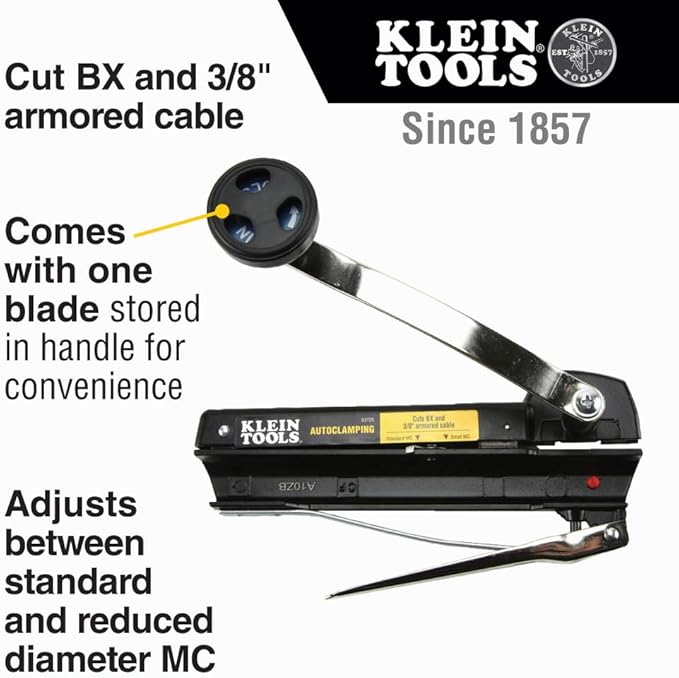 Klein Tools 53725 Armored and BX Cable Cutter, Cuts Up to 3/8 Inch Armored Cable-BX-AC-MC-MCAP-Greenfield, With Storage and Extra Blades