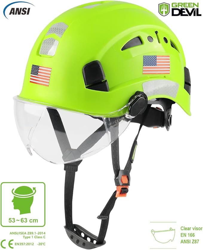 GREEN DEVIL Safety Helmet Hard Hat with Visor Chinstrap Adjustable Lightweight Vented ABS Work Helmet for Men and Women 6-Point Suspension ANSI Z89.1 Approved Ideal for Industrial & Construction