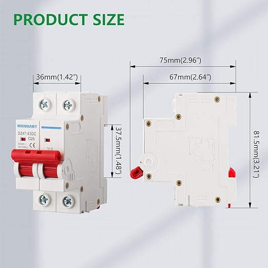 Wengart DC Miniature Circuit Breaker DZ47-63Z, 500V 2 Poles 25A, Work for Battery and Solar PV Systems and Other DC Systems, DIN Rail Mount, Disconnect Switch