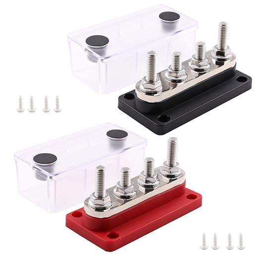 Bus Bars Copper 12V-48V 300A with 4 x 5/16”(M8) Posts Terminals Power Distribution Block, DC Battery Busbar 300 Amp for Car RV Solar Trailer Boat Marine Trucks, Red& Black 2 Pack