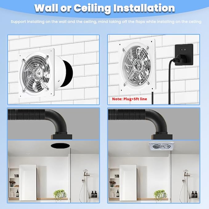 6 inch Exhaust Fan, 382CFM Wall Mounted Vent Fans, Ventilation Fan Bathroom Garage Attic Exhaust Fan Ceiling and Wall Mount Fan for Kitchen/Bathroom, 110V 40W