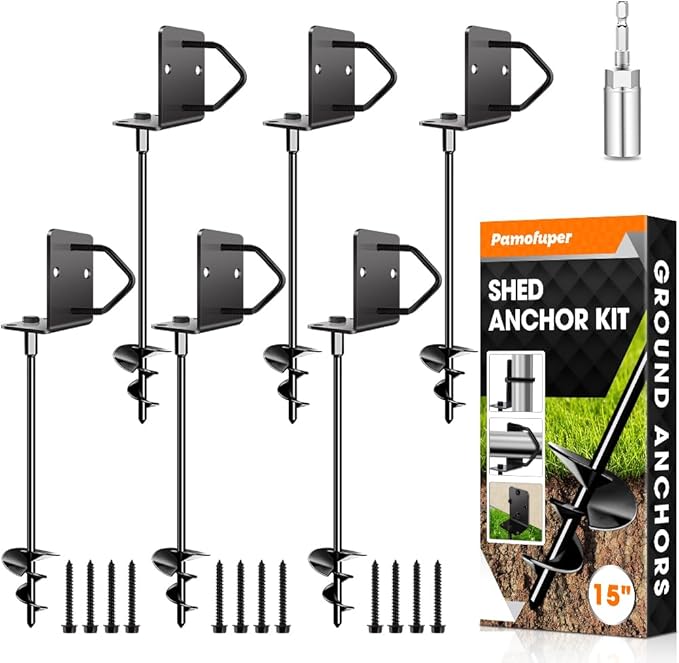 Ground Anchors Shed Anchors 14" Set of 6 Trampoline Stakes Screw in Heavy Duty Mobile Home - Storage Shed Anchor Kit - Playset Swing Anchors - Stakes for Fence,Carport,Garden (Black, 6 x 14in)
