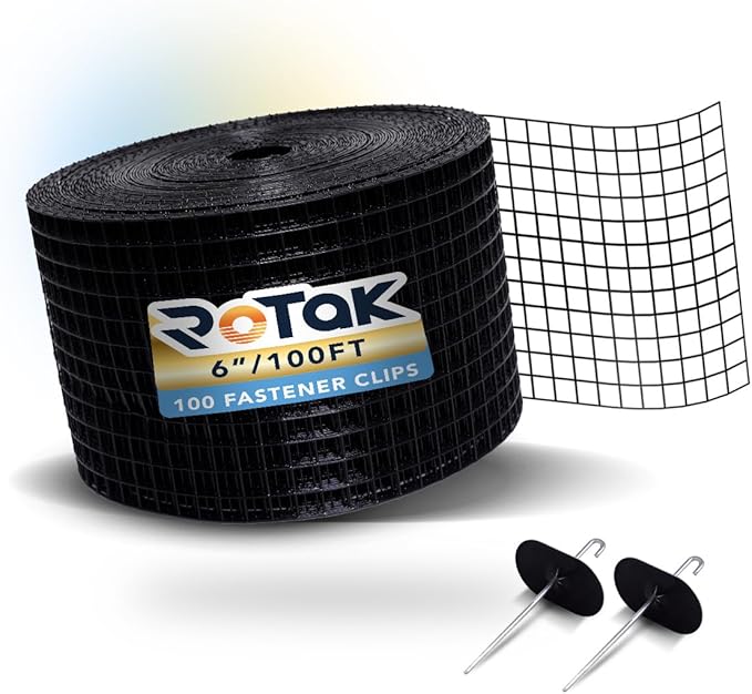 ROTAK Critter Guard - 6in x 100ft Solar Panel Bird Guard with Fastener Clips - Galvanized Black PVC Coated ½ inch Wire Roll Mesh (6" x 100' with 100 Fastener Clips)