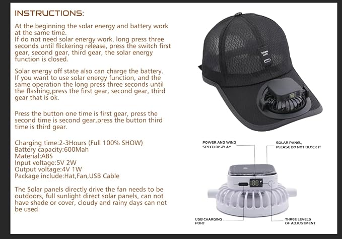 Men Women Solar Powered Fan Hat Cooling Baseball Hat Fishing Camping Beach Hats with Solar Fans Summer USB Charging Sun Hats