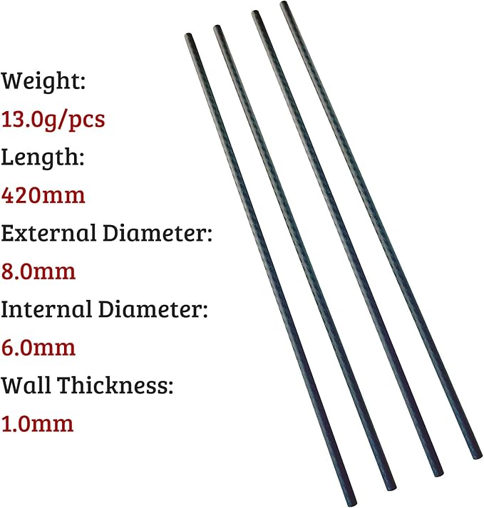 4pcs Carbon Fiber Tube 8mmx6mmx420mm,6/10/12/16/18/22/25/30mm Available, 3K roll Wrapped Twill Matte Finish.