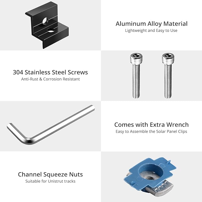 Anbte 10pcs Solar Panel End Clamp for Standard Unistrut, Aluminum 30mm/35mm Solar Panel Brackets with Nuts Bolts, Solar Panel Mounting Kit for Metal Roof, Tin Roof, Flat Roof, Sheet Roof, Black