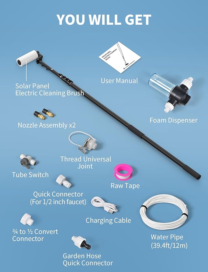 Electric Solar Panel Cleaning Kit, 20FT Solar Panel Cleaning Brush and Pole with Soap Dispenser, Telescopic Water Fed Pole, 100Mins Runtime, Solar Panel Cleaner Solution for Windows, Roof (Black)
