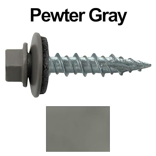 Metal Roofing Screws: (250) 10 x 1 Pewter Gray Hex Head Sheet Metal Roof Screw. Self Starting Metal to Wood siding Screws. EPDM Washer. Colored Head