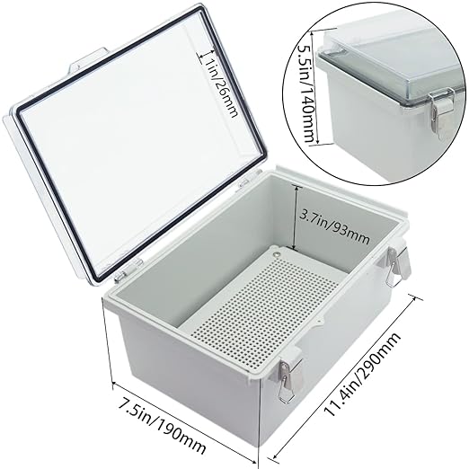 Junction Box, Hinged Clear Cover Stainless Steel Latch IP67 Waterproof ABS Project Box with 2 Cable Glands,Electrical Box Enclosure with Mounting Plate & Wall Bracket 11x7.5x5.5inch
