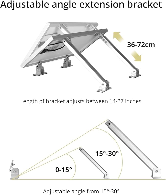 Anbte 1 Set Adjustable Solar Panel Tilt Mount Brackets, 15-30° Adjustable Aluminum Solar Mounting Brackets Support 50W 70W 100W 150W 200W 300W 400W Panels, for Flat Surface, RV, Roof, Boat, Silver
