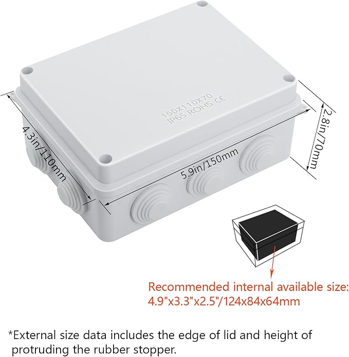 LeMotech ABS Plastic Dustproof Waterproof IP65 Junction Box Universal Electrical Project Enclosure White 5.9 x 4.3 x 2.8 inch (150 x 110 x 70 mm)