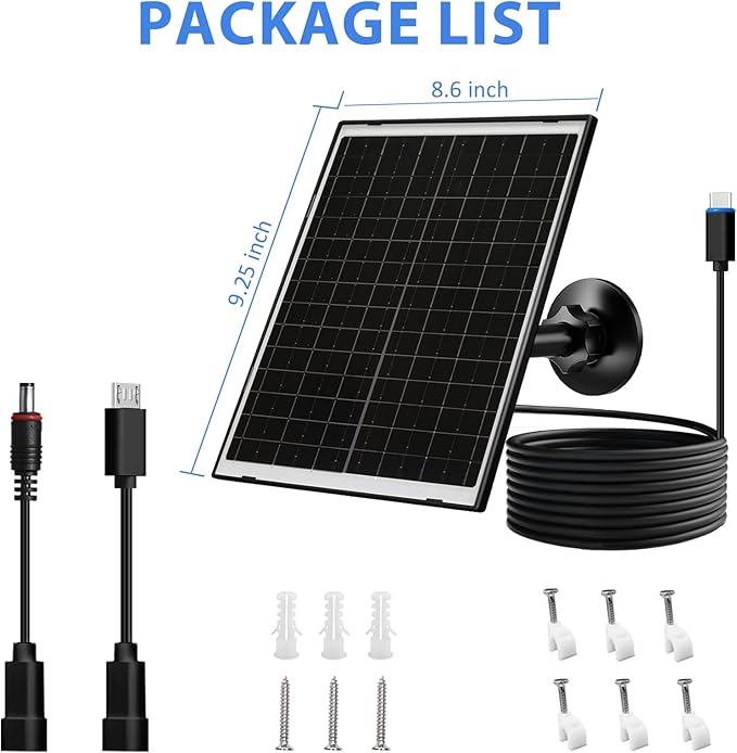 Zivif Solar Panel for Security Camera, 10W Solar Charger Compatible with Battery-Powered Camera, USB-C, Micro USB & DC 5.5x2.1mm Port, 360° Adjustable Mount, 7.2ft Cable