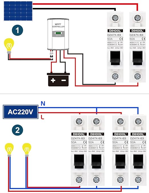 DIHOOL AC/DC Miniature Circuit Breakers, 2 Pack, Single Pole 50 Amp, 12V 24V 48V 400V, Non Polarized, Solar Disconnect Switch, DIN Rail Mount, RV Battery Isolator, PV Array MCB, Thermal Magnetic Trip