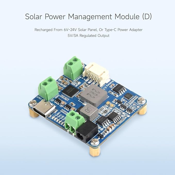 Waveshare Solar Power Manager Module (D), Solar Charge Controller USB, Supports 6V~24V Solar Panel and Type-C Power Adapter, 5V/3A Regulated Output, with Battery Holder (Batteries are Not Included)