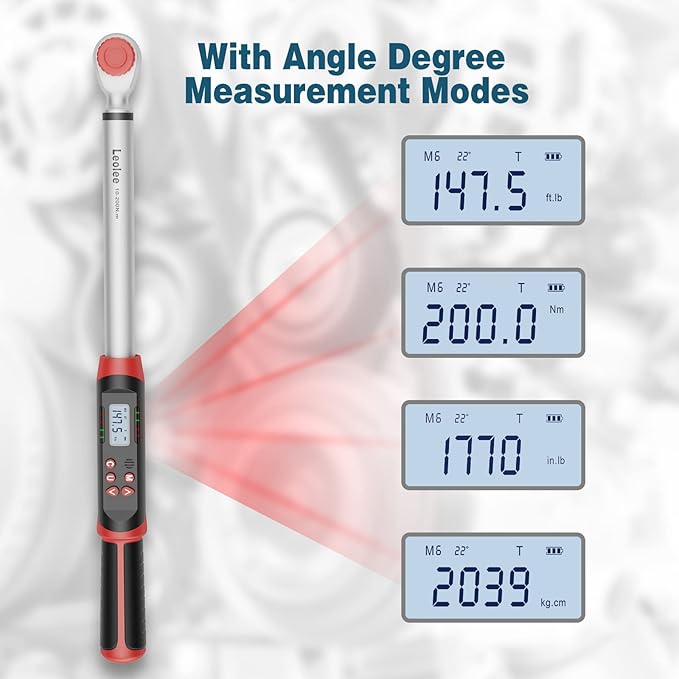 Leolee 1/2-Inch Drive Digital Torque Wrench with Angle, 7.38-147.5 Ft-Lb/10-200 Nm Electronic Torque Wrench with Preset Value, Data Storage, Buzzer, LED Flash Notification for Motorcycle, Car