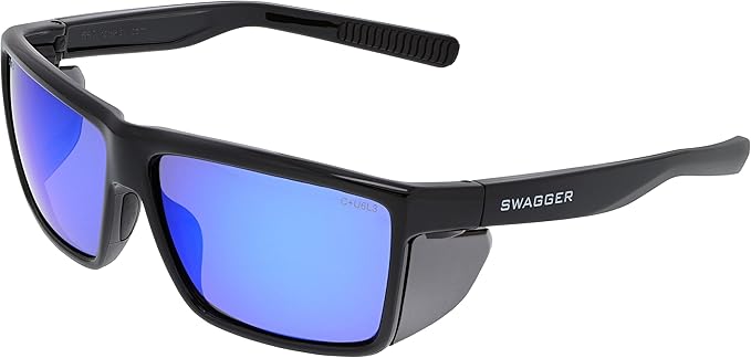 MCR Safety SR218BZ Swagger SR2 Series Safety Glasses with Thermo Plastic Rubber Nose Pads and Detachable Side Shields, Black Frame, Blue Diamond Mirror Polarized Lens