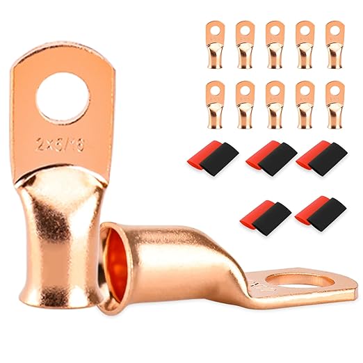 10 PCS Battery Terminal Connectors, Battery Cable Ends Lugs, 2 Gauge Wire Connectors, 2 AWG 5/16" Stud Ring Terminals, Copper Wire Lugs with Heat Shrink Tubing.