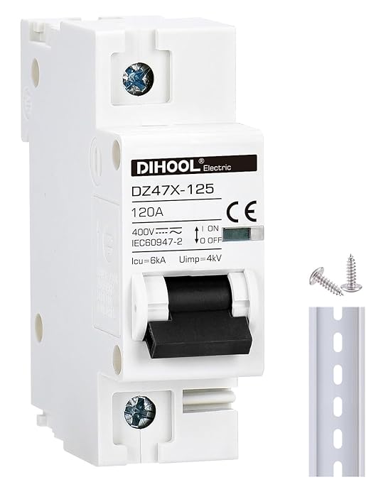 DIHOOL AC/DC Miniature Circuit Breaker, Single Pole 120 Amp, 12V 24V 48V 400V, Non Polarized, Solar Disconnect Switch, DIN Rail Mount, RV Battery Isolator, PV Array MCB, Thermal Magnetic Trip