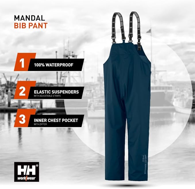 Helly Hansen Mandal Waterproof Bib Overalls - Waterproof Fishing Pants for Men - Heavy Duty Rain Gear - Zip Work Overalls