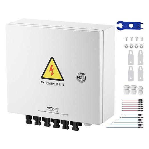 VEVOR 6 String PV Combiner Box, Metal Solar Combiner Box with 15A Rated Current Fuse & 125A Circuit Breaker for On/Off Grid Solar Panel System, IP65