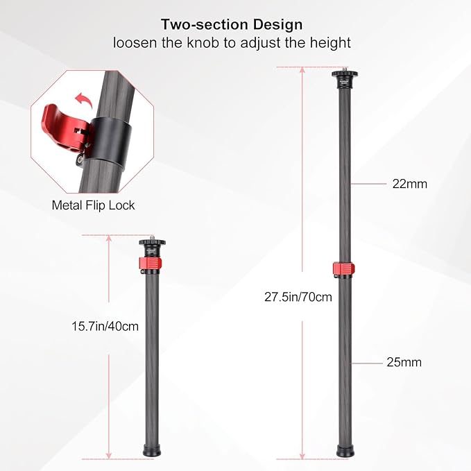 Koolehaoda Tripod Extender 2 Section Center Column Extension 28" Carbon Fiber Telescopic Stick Rod with 1/4" to 3/8" Screw Compatible with Tripod/Monopod/Gimbal/Camera, Max Load 33lb