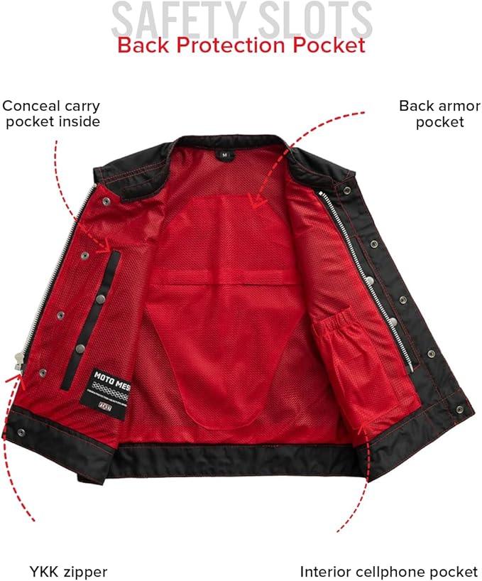 First Mfg Co Lowrider Mens Motorcycle Biker Riding Armor Club Style Black Leather, Twill, Moto Mesh, Perforated Vest