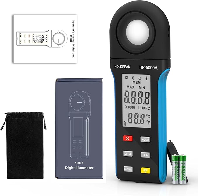 Digital Illuminance Meter, HoldPeak 1-400000Lux Light Meter with Large LCD Screen Handheld Ambient Temperature Measurer, Lumen Meter for Plants, Photography Lab, Classroom, Bedroom, 5000A