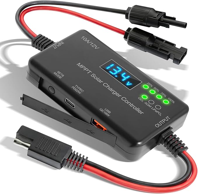 12V 10A True MPPT Solar Charge Controller - 30% Higher Efficiency Than PWM, 22W USB-C & 18W USB Output, LCD Display, Multi-Protection, Zero Drain, Compatible with Gel/AGM/LiFePO4 (RV/Boat/Shed)