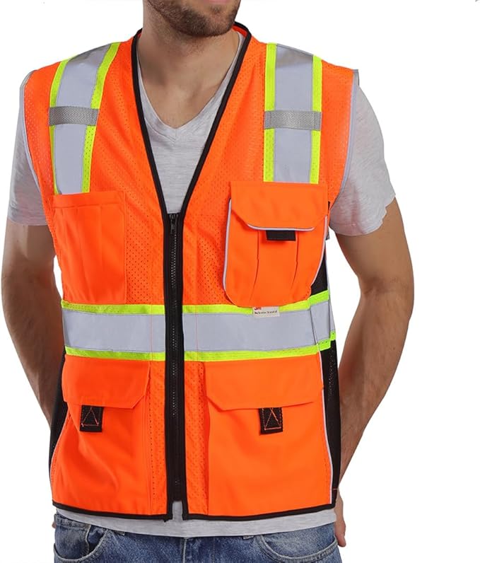 Dib Safety Reflective Vest Orange Mesh, High Visibility Vest with Pockets and Zipper, ANSI Class 2 Heavy Duty, Made with 3M Reflective Tape, 4XL