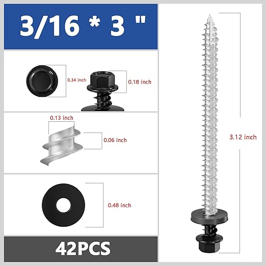 # 3/16 * 3" 42PCS 1lbs Black Hexagonal Metal Sheet roof Screws,#10 * 3 with EPDM washers and Hexagonal self Tapping, Used for Metal to Wood, Corrugated Roofs.5 * 75mm