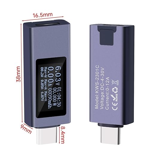 diymore USB C Power Meter, USB C Tester Power Meter,Type C Voltage and Current Tester Meter, Power Bank Capacity,Working Time Ammeter Voltmeter USB Cable Charger Detector LED Display, Gray